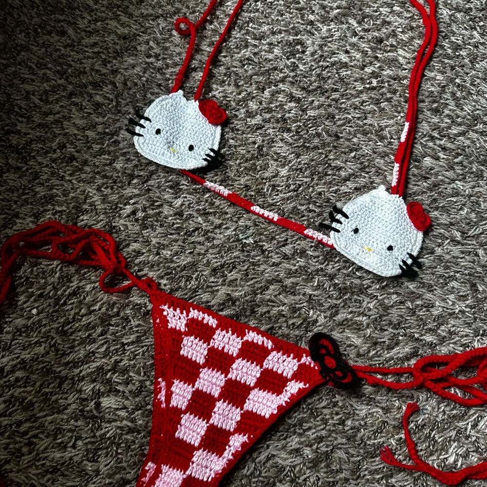 Red and White Crochet Bikini Set